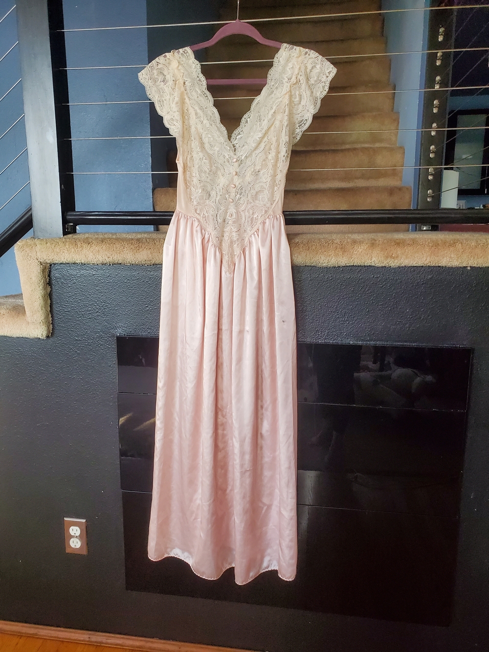 Olga Pink Satin Nightgown with Cream Lace V-Neck